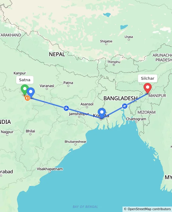 Route map showing distance and travel time from Satna, India to Silchar, India