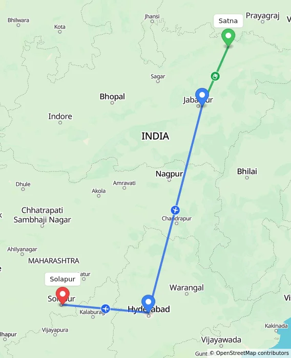 Route map showing distance and travel time from Satna, India to Solapur, India