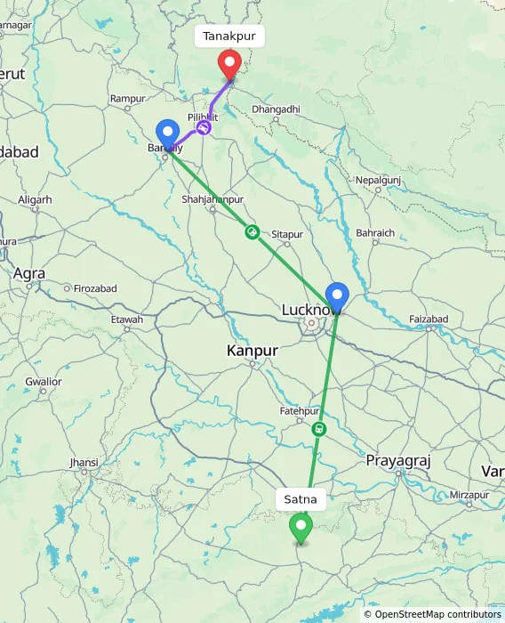 Route map showing distance and travel time from Satna, India to Tanakpur, India