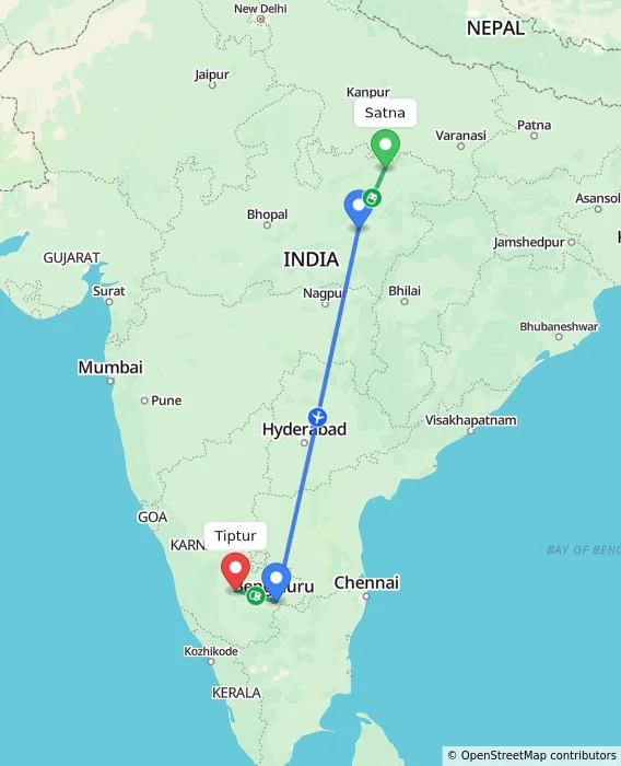Route map showing distance and travel time from Satna, India to Tiptur, India