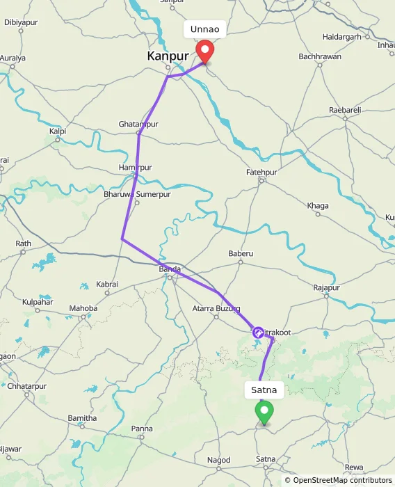 Route map showing distance and travel time from Satna, India to Unnao, India