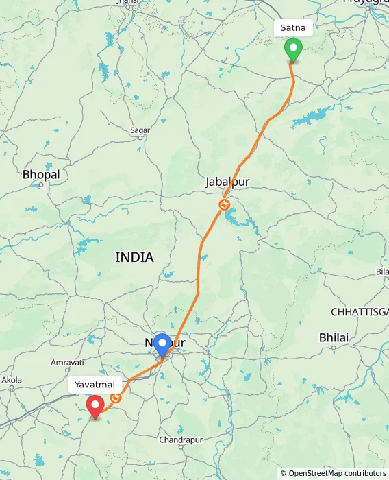 Route map showing distance and travel time from Satna, India to Yavatmal, India