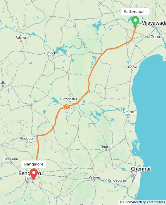 Route map showing distance and travel time from Sattenapalli, India to Bangalore, India