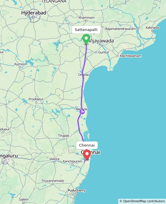 Route map showing distance and travel time from Sattenapalli, India to Chennai, India