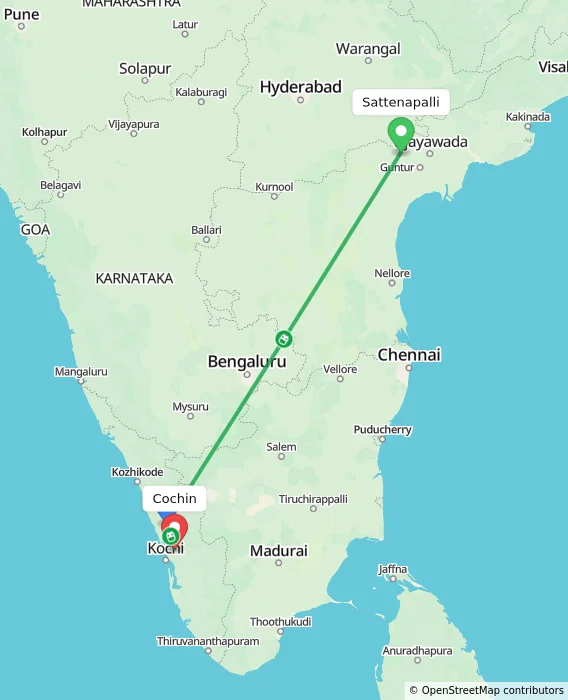 Route map showing distance and travel time from Sattenapalli, India to Cochin, India