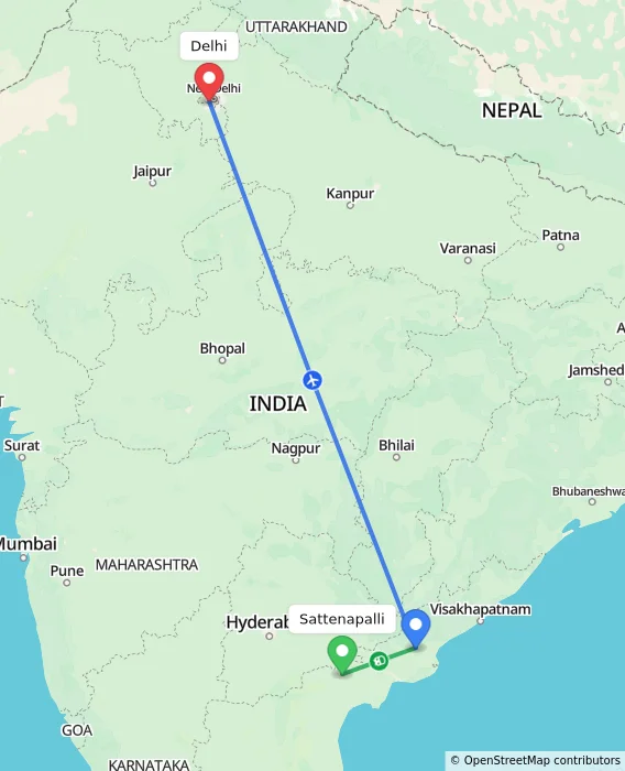 Route map showing distance and travel time from Sattenapalli, India to Delhi, India