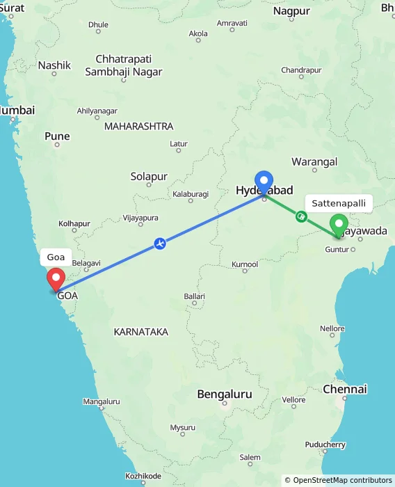 Route map showing distance and travel time from Sattenapalli, India to Goa, India