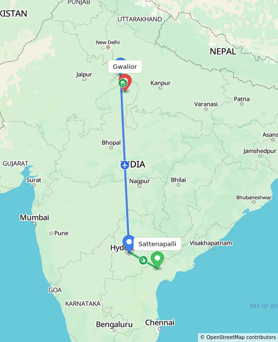 Route map showing distance and travel time from Sattenapalli, India to Gwalior, India