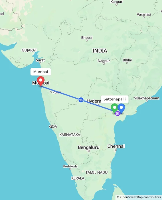 Route map showing distance and travel time from Sattenapalli, India to Mumbai, India