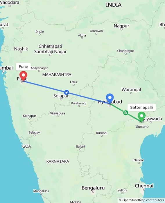 Route map showing distance and travel time from Sattenapalli, India to Pune, India