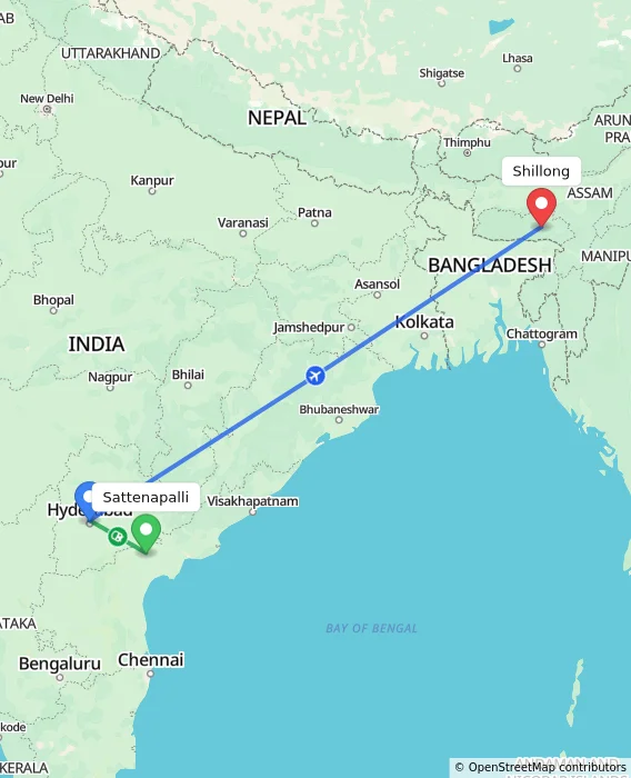 Route map showing distance and travel time from Sattenapalli, India to Shillong, India