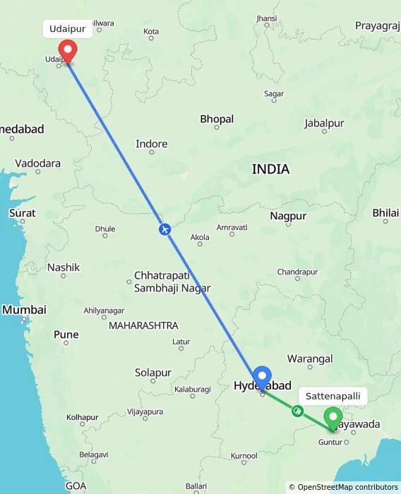 Route map showing distance and travel time from Sattenapalli, India to Udaipur, India