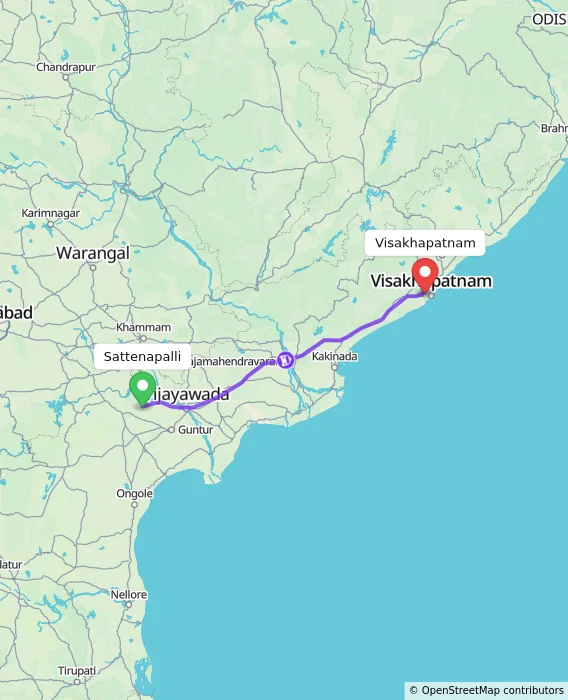 Route map showing distance and travel time from Sattenapalli, India to Visakhapatnam, India
