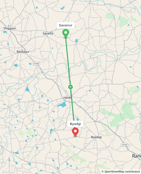 Route map showing distance and travel time from Savanur, India to Byadgi, India