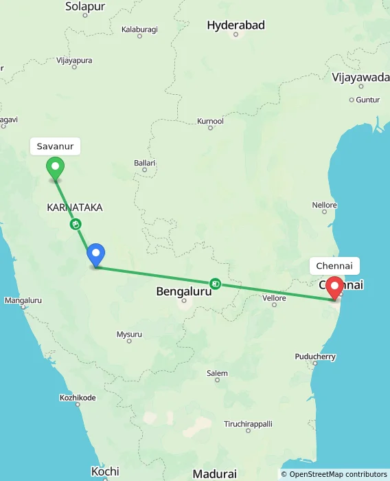 Route map showing distance and travel time from Savanur, India to Chennai, India