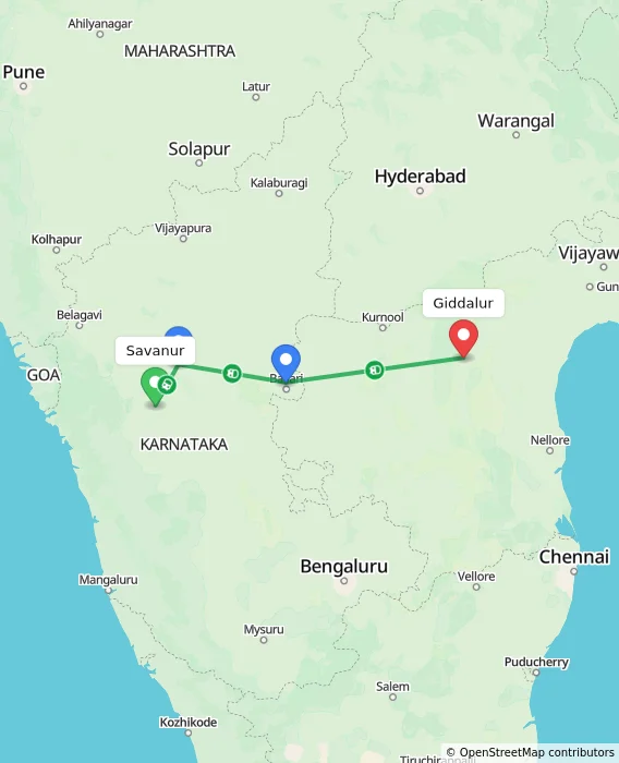 Route map showing distance and travel time from Savanur, India to Giddalur, India
