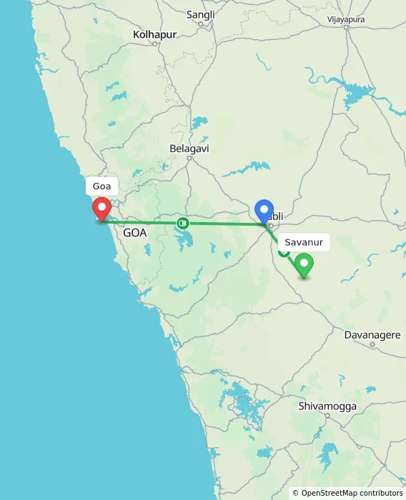 Route map showing distance and travel time from Savanur, India to Goa, India