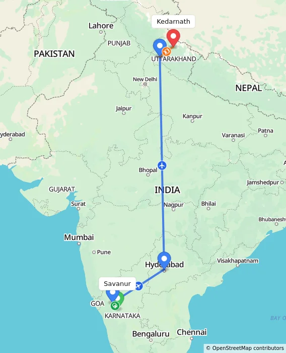 Route map showing distance and travel time from Savanur, India to Kedarnath, India