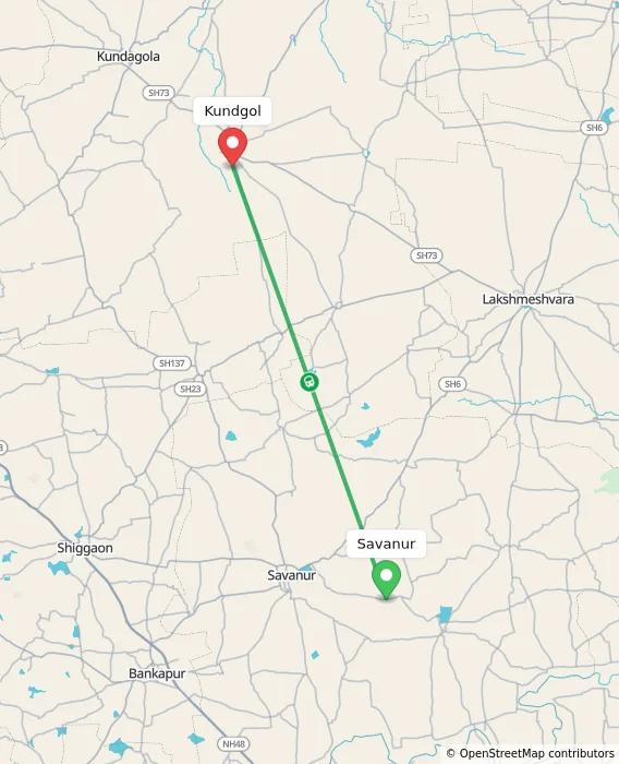 Route map showing distance and travel time from Savanur, India to Kundgol, India