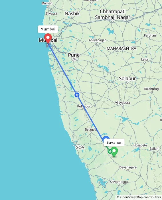 Route map showing distance and travel time from Savanur, India to Mumbai, India
