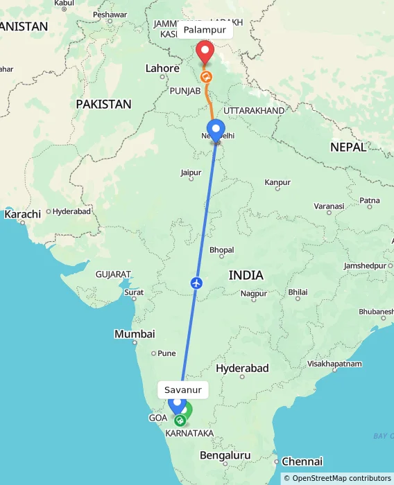 Route map showing distance and travel time from Savanur, India to Palampur, India