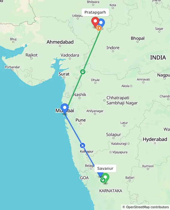 Route map showing distance and travel time from Savanur, India to Pratapgarh, India