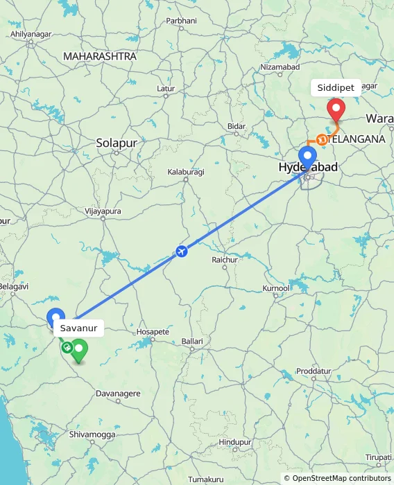 Route map showing distance and travel time from Savanur, India to Siddipet, India