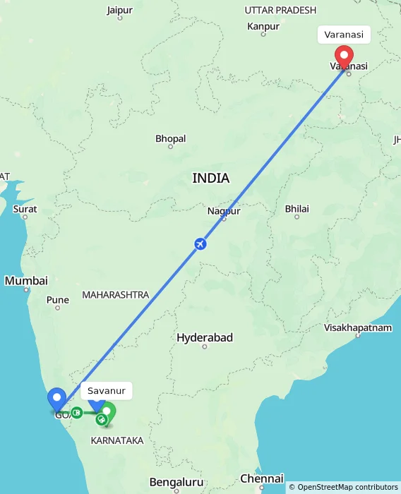 Route map showing distance and travel time from Savanur, India to Varanasi, India