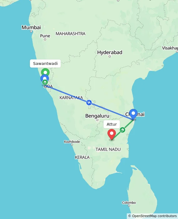 Route map showing distance and travel time from Sawantwadi, India to Attur, India