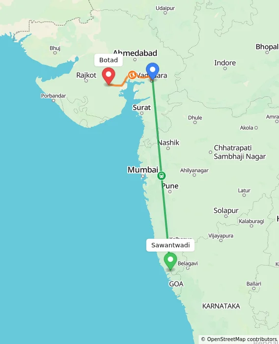Route map showing distance and travel time from Sawantwadi, India to Botad, India