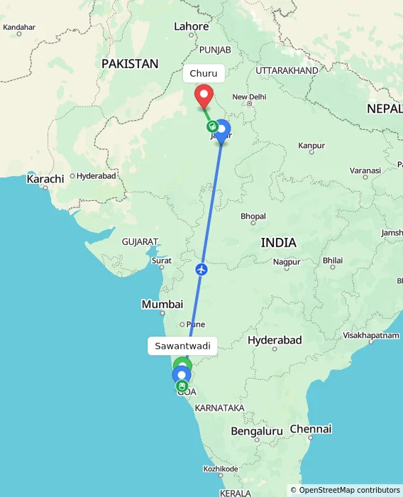 Route map showing distance and travel time from Sawantwadi, India to Churu, India