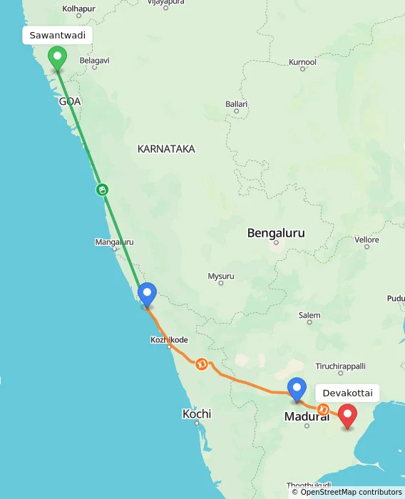 Route map showing distance and travel time from Sawantwadi, India to Devakottai, India
