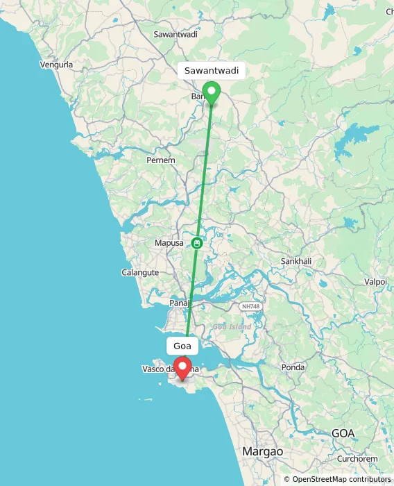 Route map showing distance and travel time from Sawantwadi, India to Goa, India