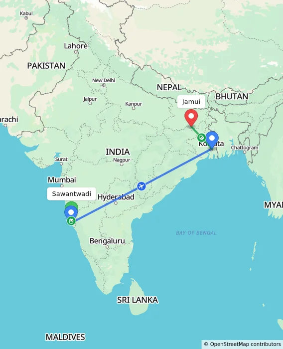 Route map showing distance and travel time from Sawantwadi, India to Jamui, India