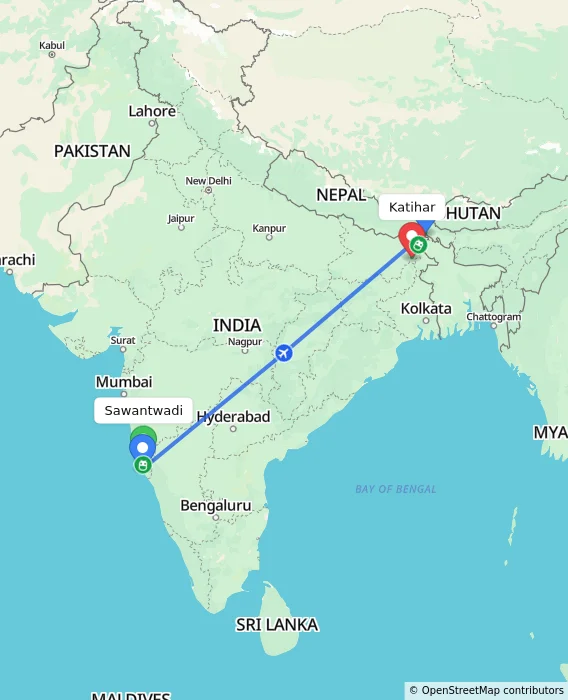 Route map showing distance and travel time from Sawantwadi, India to Katihar, India