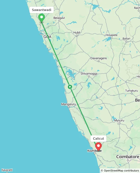 Route map showing distance and travel time from Sawantwadi, India to Kozhikode, India