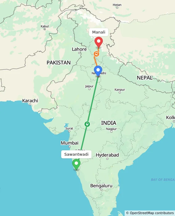 Route map showing distance and travel time from Sawantwadi, India to Manali, India