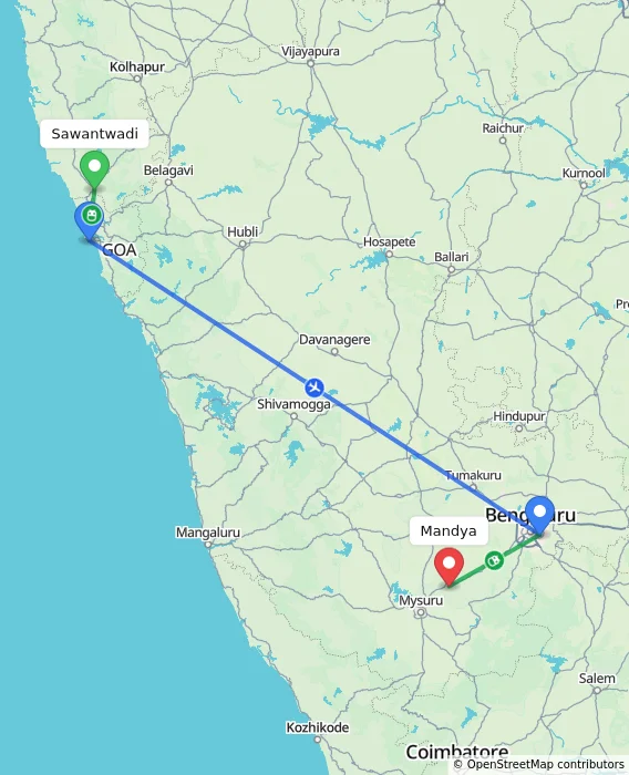 Route map showing distance and travel time from Sawantwadi, India to Mandya, India