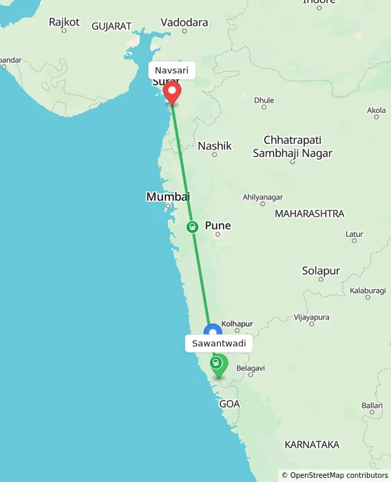 Route map showing distance and travel time from Sawantwadi, India to Navsari, India