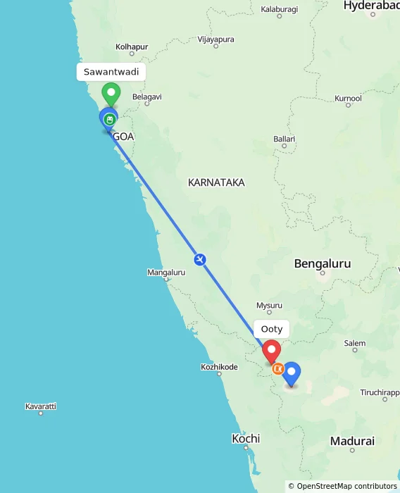 Route map showing distance and travel time from Sawantwadi, India to Ooty, India