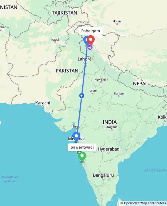 Route map showing distance and travel time from Sawantwadi, India to Pahalgam, India