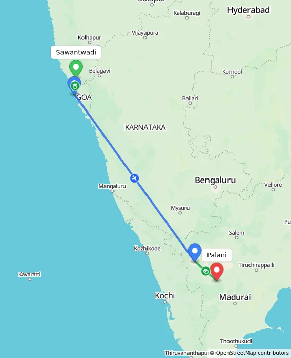 Route map showing distance and travel time from Sawantwadi, India to Palani, India