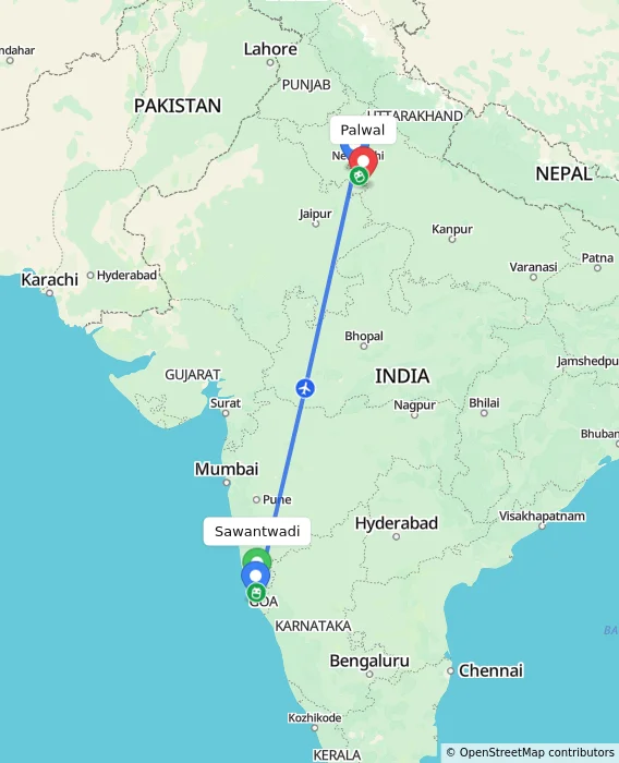 Route map showing distance and travel time from Sawantwadi, India to Palwal, India