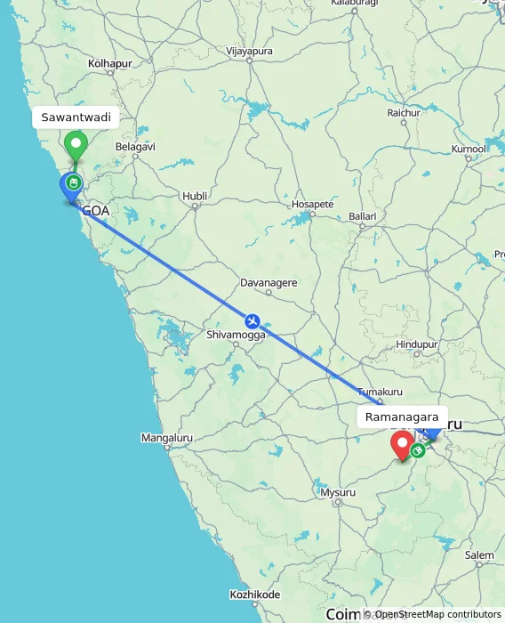 Route map showing distance and travel time from Sawantwadi, India to Ramanagara, India