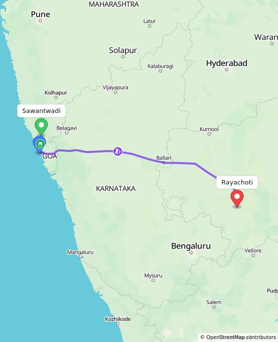 Route map showing distance and travel time from Sawantwadi, India to Rayachoti, India