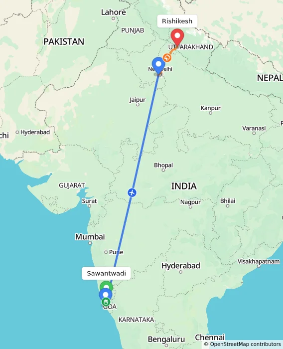 Route map showing distance and travel time from Sawantwadi, India to Rishikesh, India