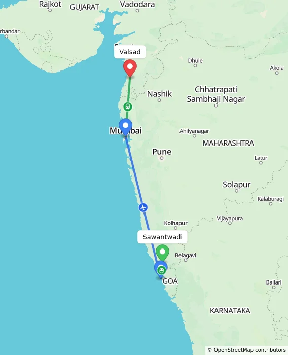 Route map showing distance and travel time from Sawantwadi, India to Valsad, India