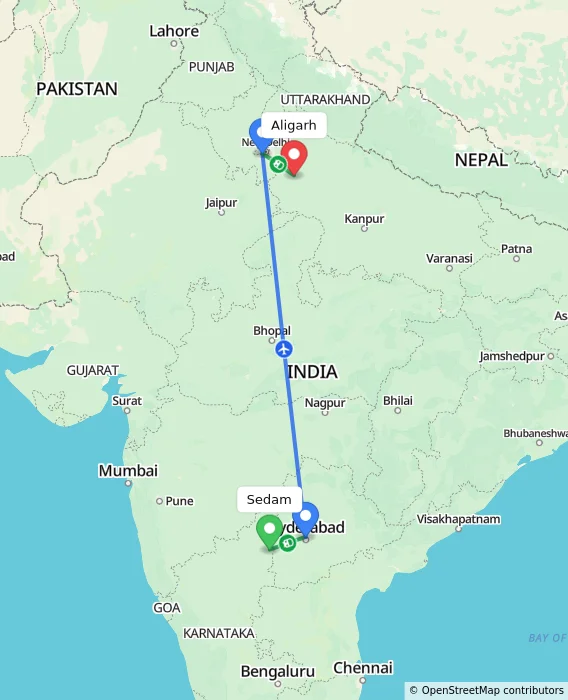 Route map showing distance and travel time from Sedam, India to Aligarh, India