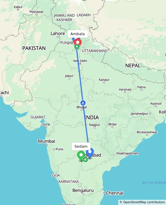 Route map showing distance and travel time from Sedam, India to Ambala, India