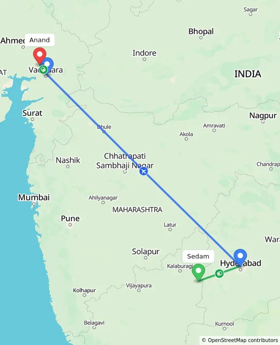 Route map showing distance and travel time from Sedam, India to Anand, India
